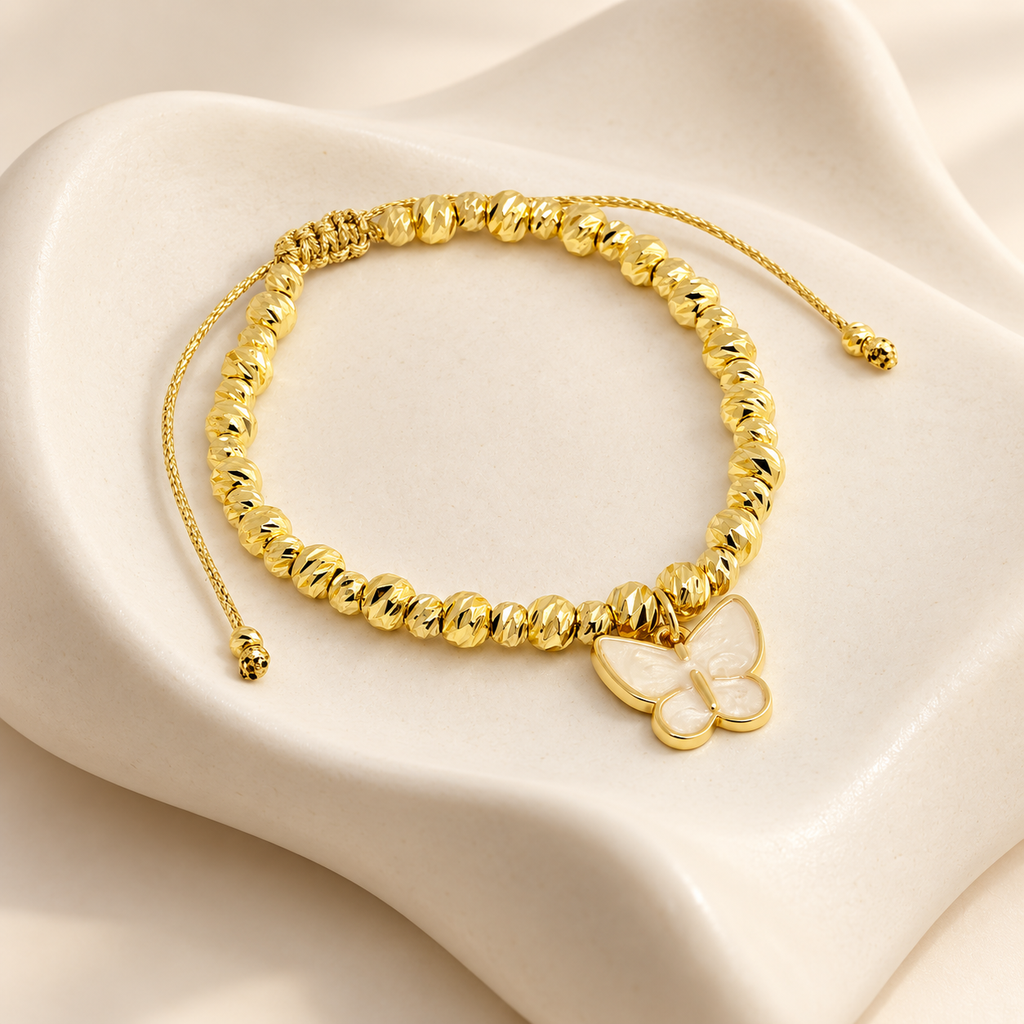 [G-PL-150] Pulsera en rodinado gold balin diamantado dije mariposa nácar