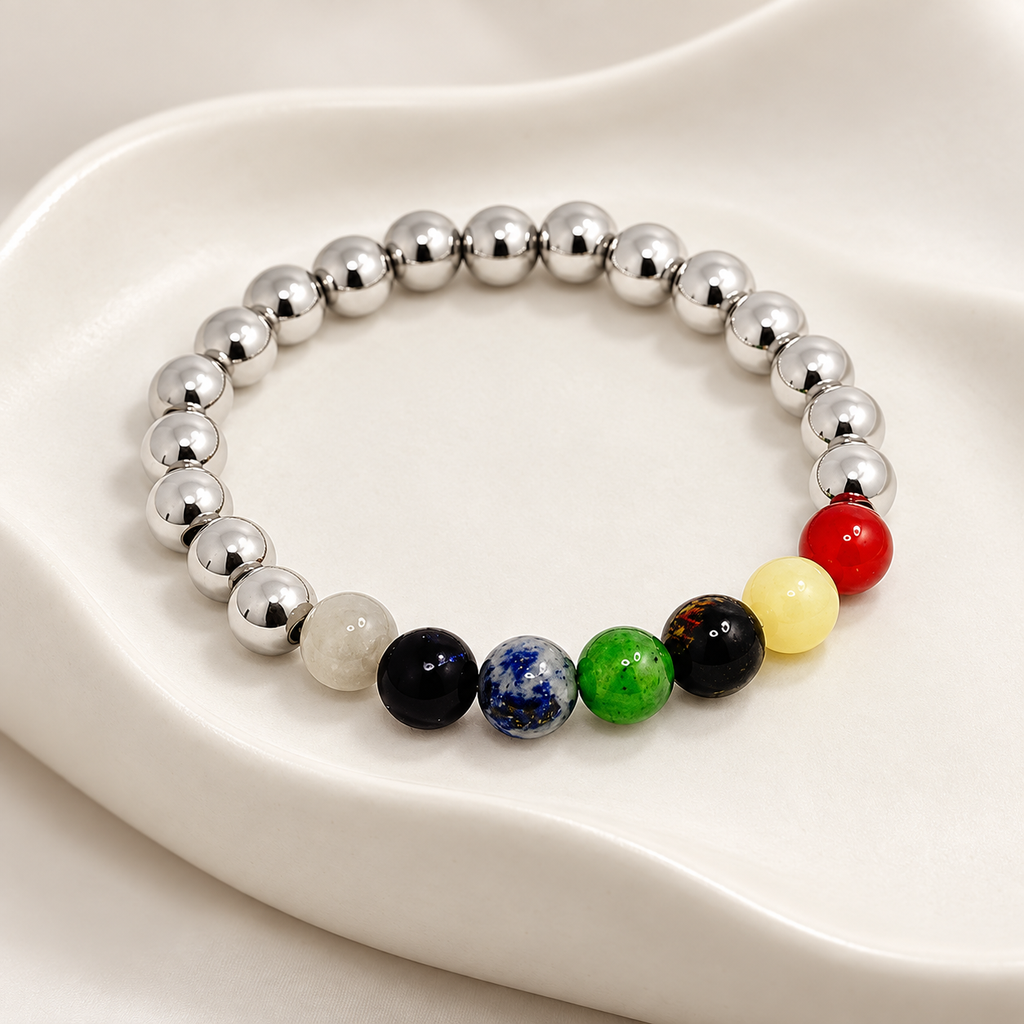 Pulsera en rodinado balin plateado siete chakras