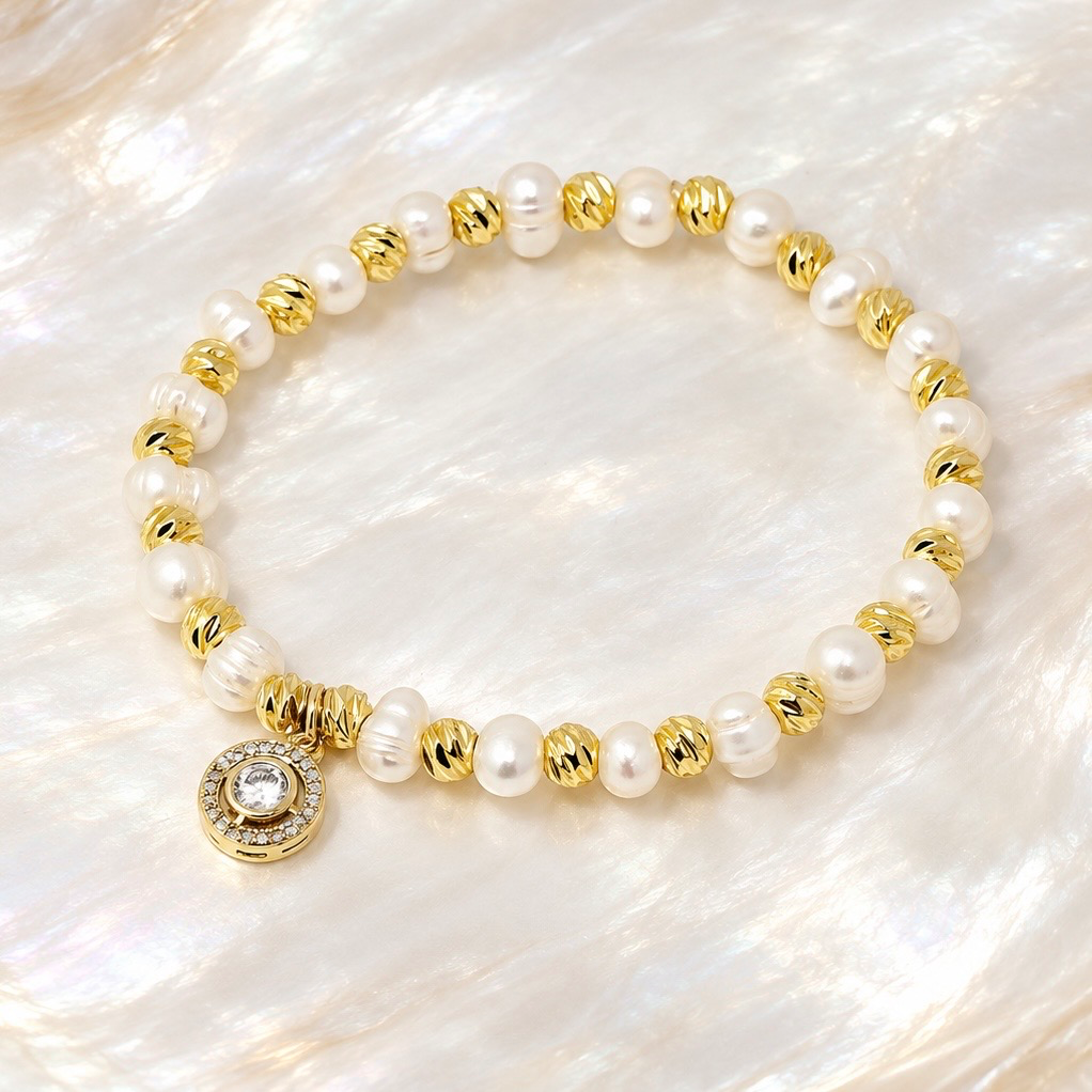 [G-PL-164] Pulsera en rodinado gold perla natural de río dije círculo circón