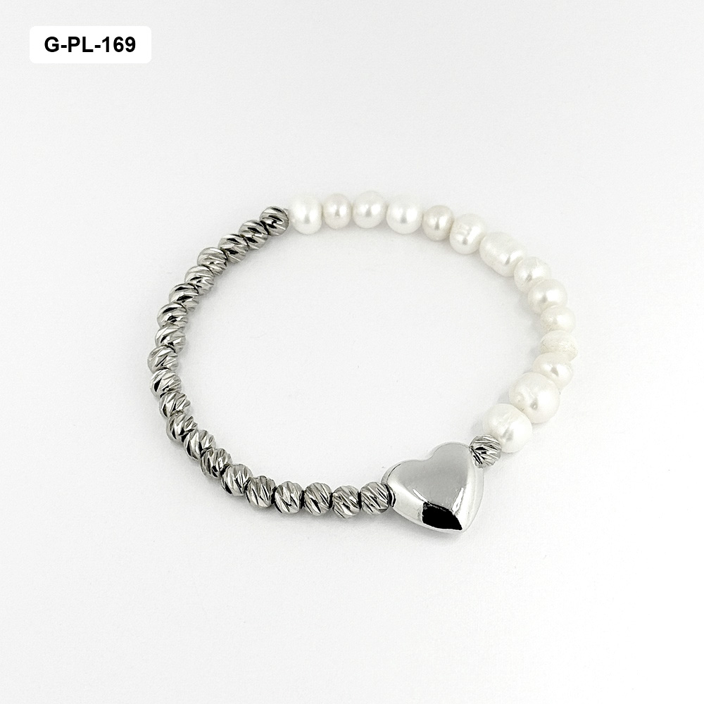 *G-PL-169 PULSERA EN RODINADO SILVER PERLA BALIN DIAMANTADO DIJE CORAZÓN LISO