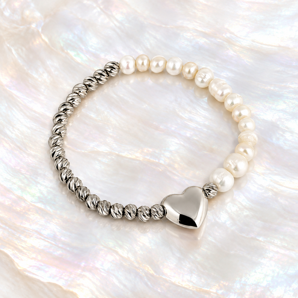 Pulsera en rodinado silver perla balin diamantado dije corazón liso