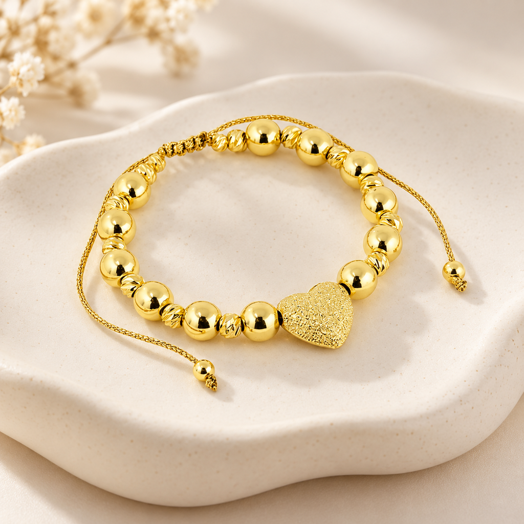 [G-PL-170] Pulsera en rodinado gold ajustable balin n8 dije corazón satinado