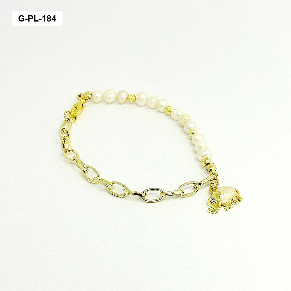 Pulsera en rodinado gold cadena eslabones perla de riío natural dije elefante