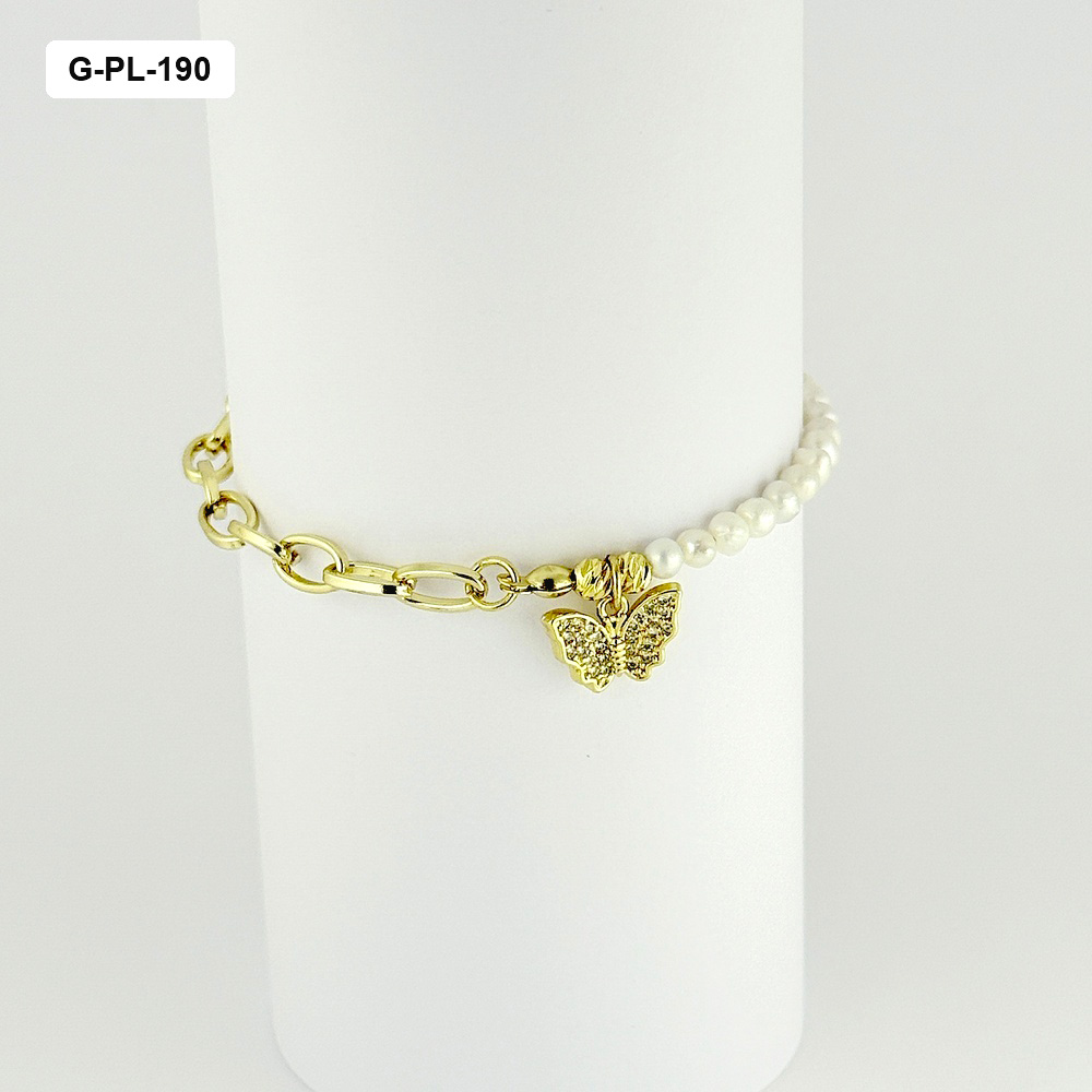 Pulsera en rodinado gold cadena eslabones perla natural de río dije mariposa