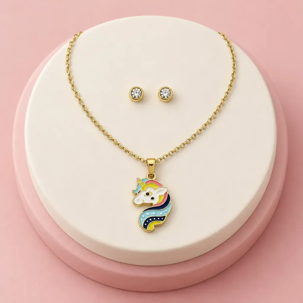 Juego acero gold niña esmaltado unicornio
