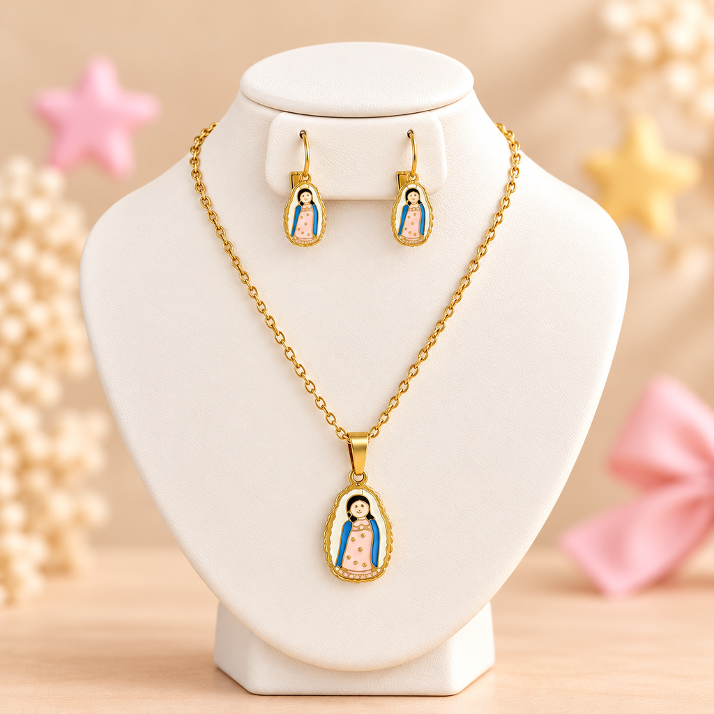 Juego acero gold niña esmaltado virgencita Ref. 2