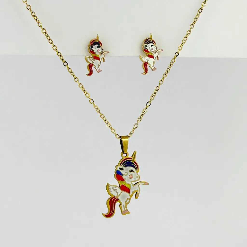Juego acero gold niña esmaltado unicornio