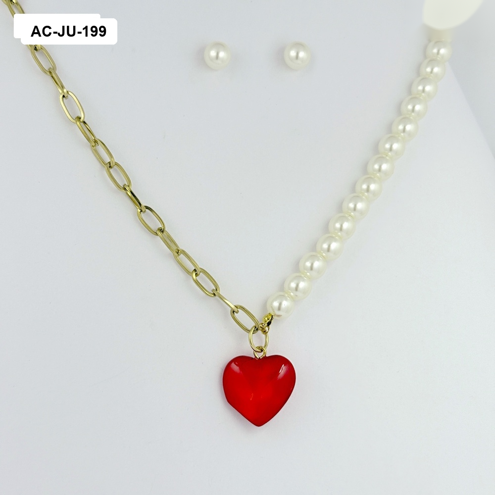 AC-JU-199 JUEGO EN ACERO GOLD CADENA PERLAS CORAZÓN ROJO