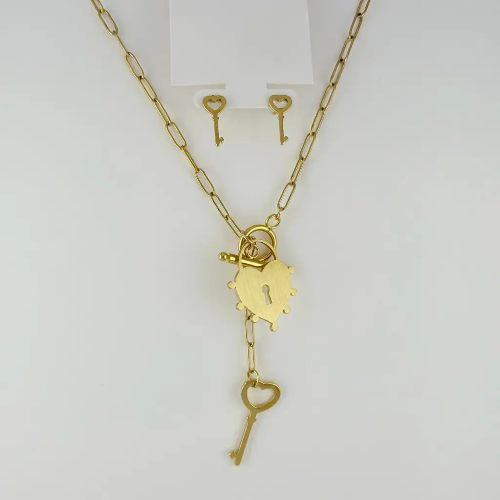 Juego en acero gold corazón y llaves