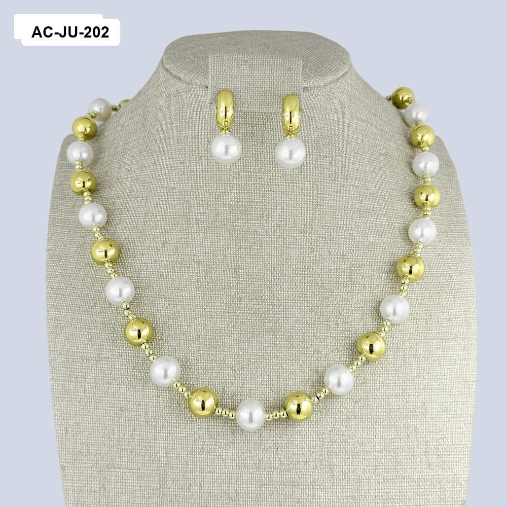 AC-JU-202 JUEGO EN ACERO GOLD PERLAS BOLA