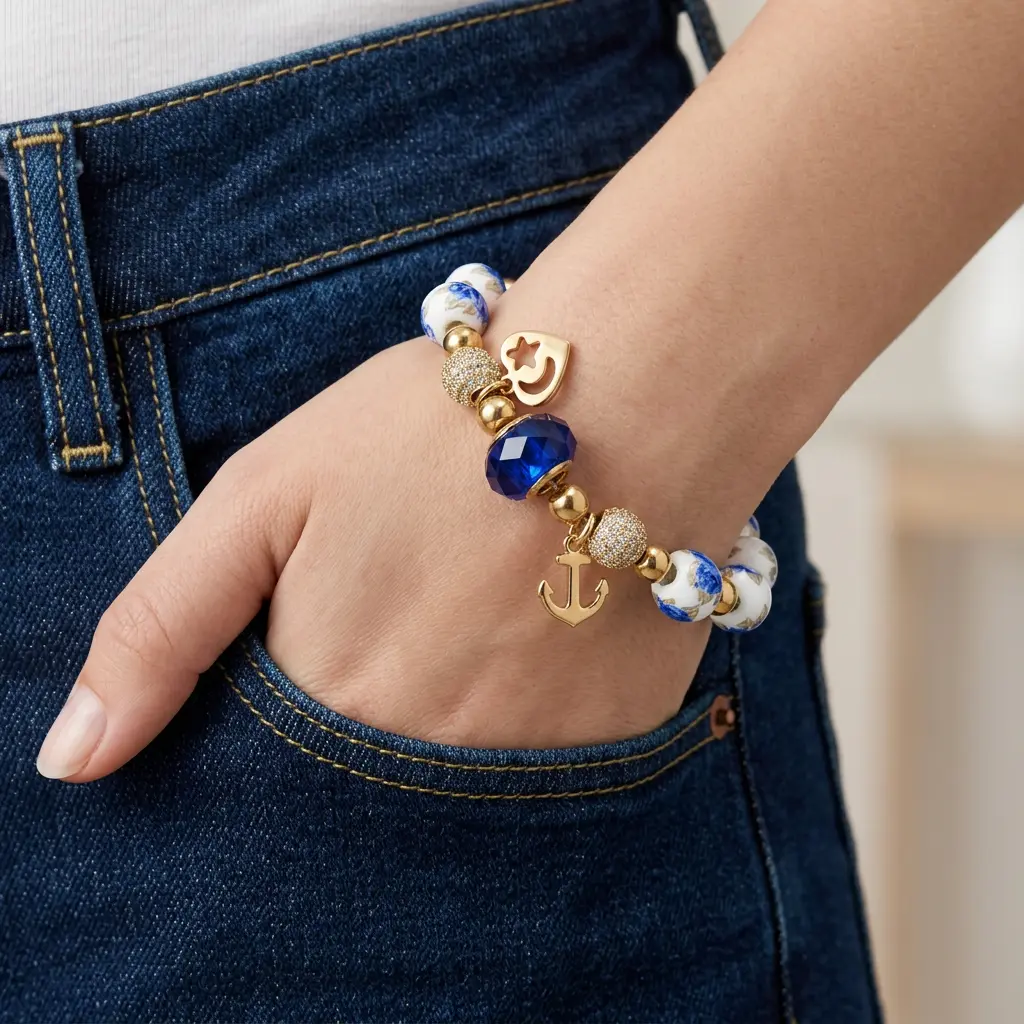 Pulsera artesanal multidijes en acero dorados bola céramica china - herrajes microcirconia