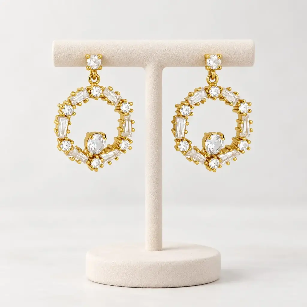 Aretes en baño de oro largos aro de circones blancos