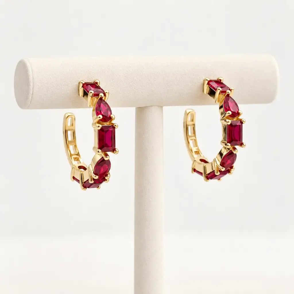 Argollas en rodinado gold huggie cristales rojos