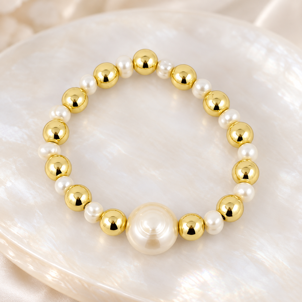 [G-PL-209] Pulsera en rodinado gold balines perla natural de río