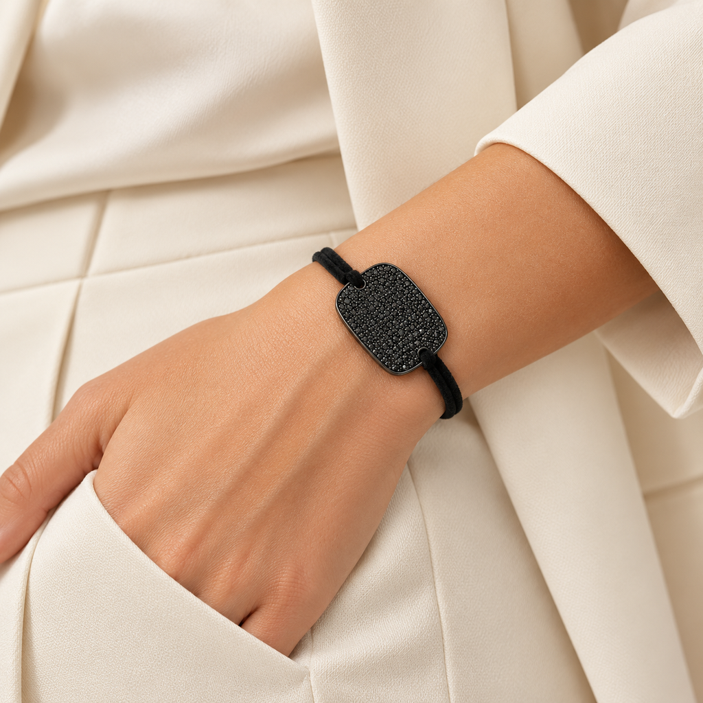 [G-PL-211] Pulsera en rodinado cordón negro ajustable dije microcircones