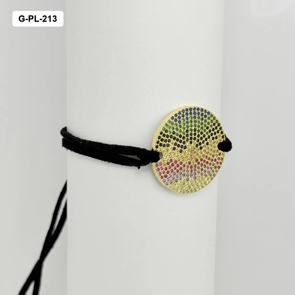 *PULSERA EN RODINADO CORDÓN NEGRO AJUSTABLE DIJE MICROCIRCONES