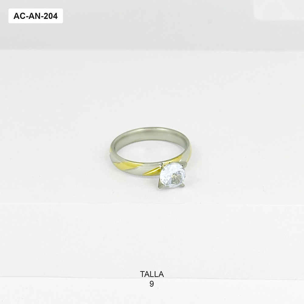 Anillo en acero inoxidable solitario bicolor líneas diagonales