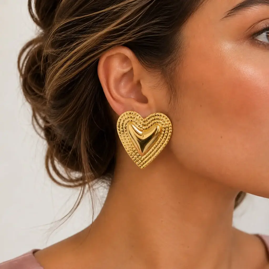 Maxi aretes en rodinado gold estilo old money corazón modelo 2
