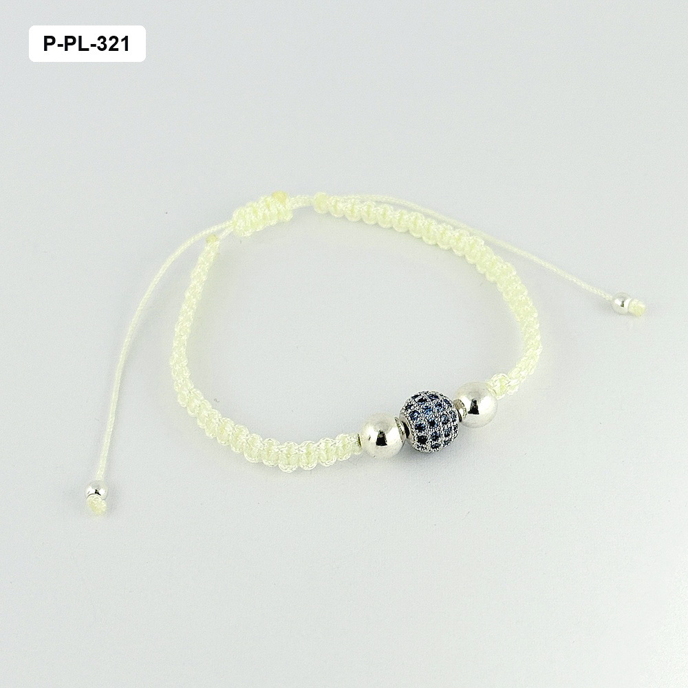 *Pulsera en Plata ley 925 Cordón Ajustable Blanco Balines Bola microcirconia Cubica Azul Rodinado