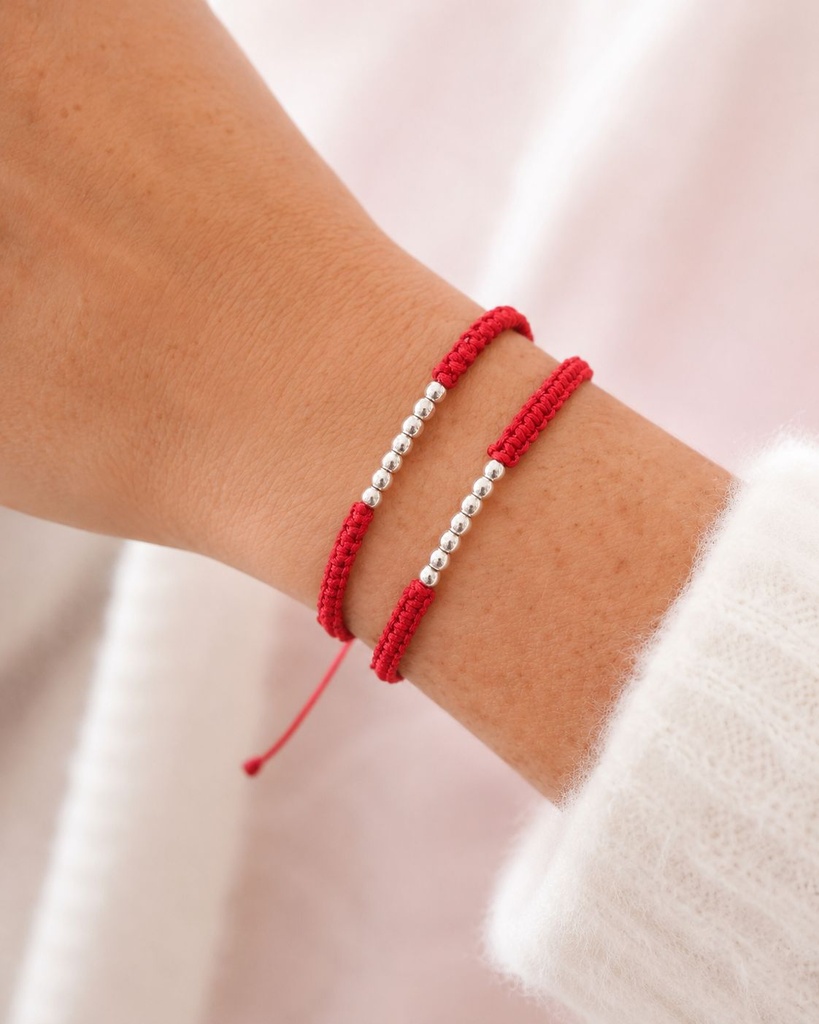 Pulsera en plata ley 925 ajustable hilo rojo tejido 7 balines