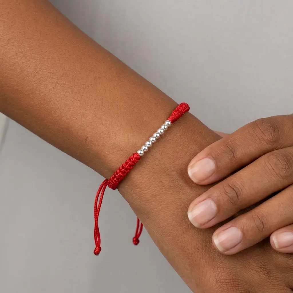 Pulsera en plata ley 925 ajustable hilo rojo tejido 7 balines