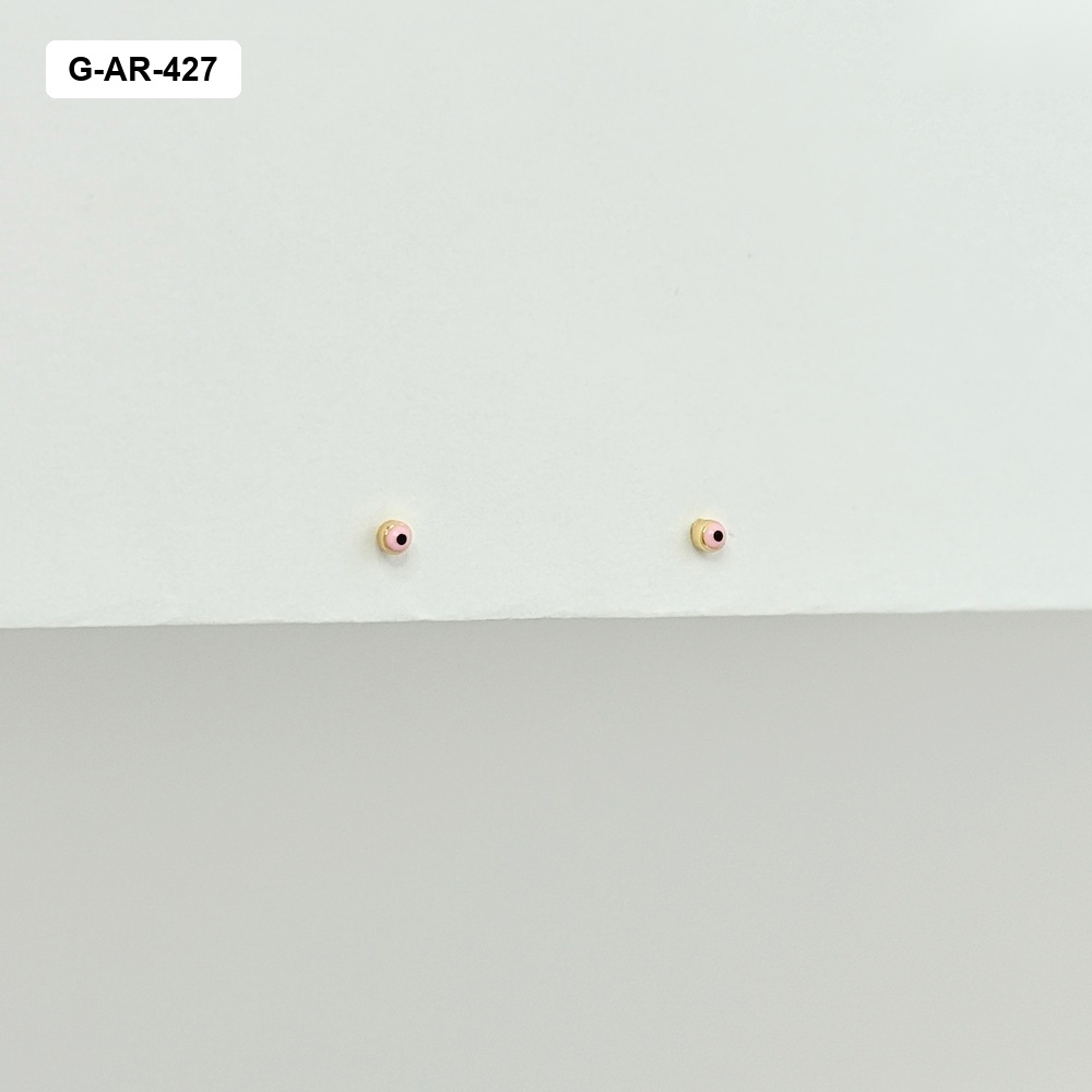 Aretes en rodinado gold topos mini ojito esmaltado rosa