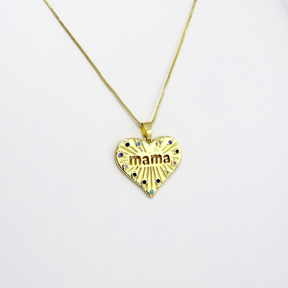Cadena en rodinado gold dije corazón "mamá" microcircones colores