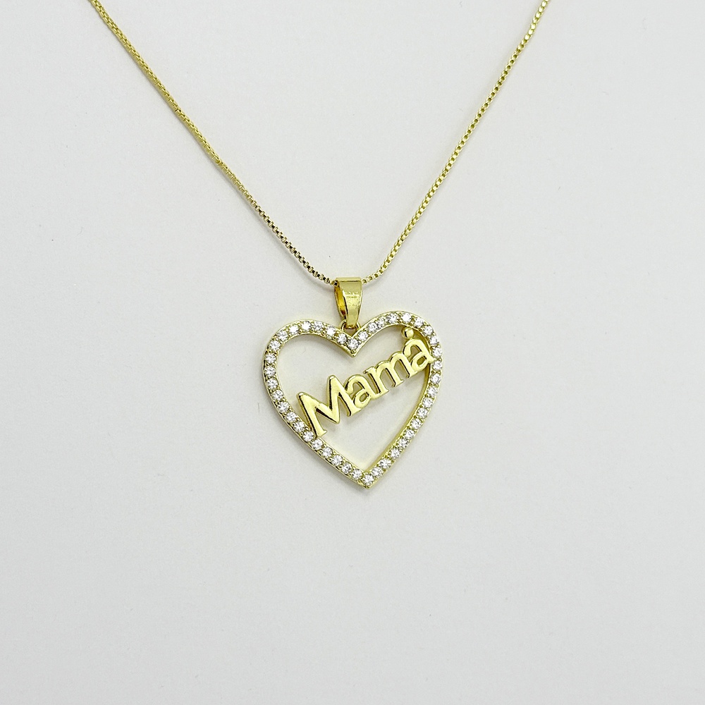 Collar en rodinado gold dije Mamá silueta corazón microcircones 