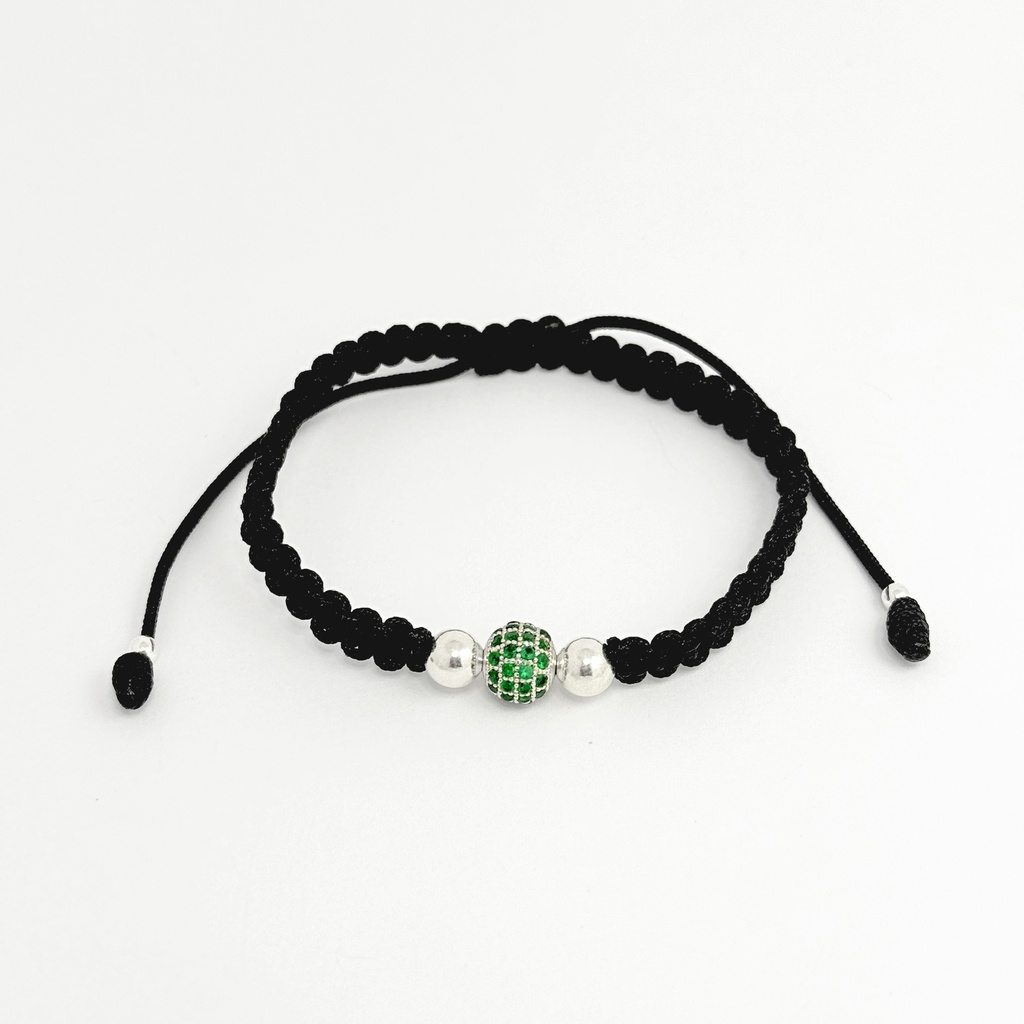 Pulsera en plata ley 925 cordón ajustable negro balines bola microcirconia cubica verde rodinado