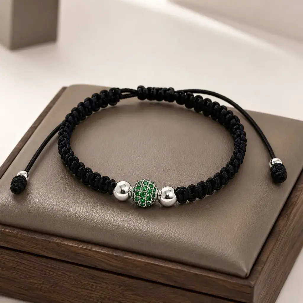 Pulsera en plata ley 925 cordón ajustable negro balines bola microcirconia cubica verde rodinado