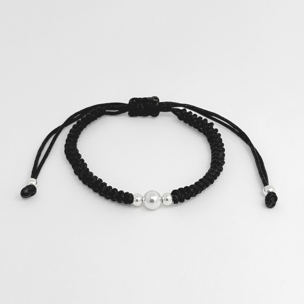 *Pulsera en Plata ley 925 Cordón Ajustable Negros Balines 