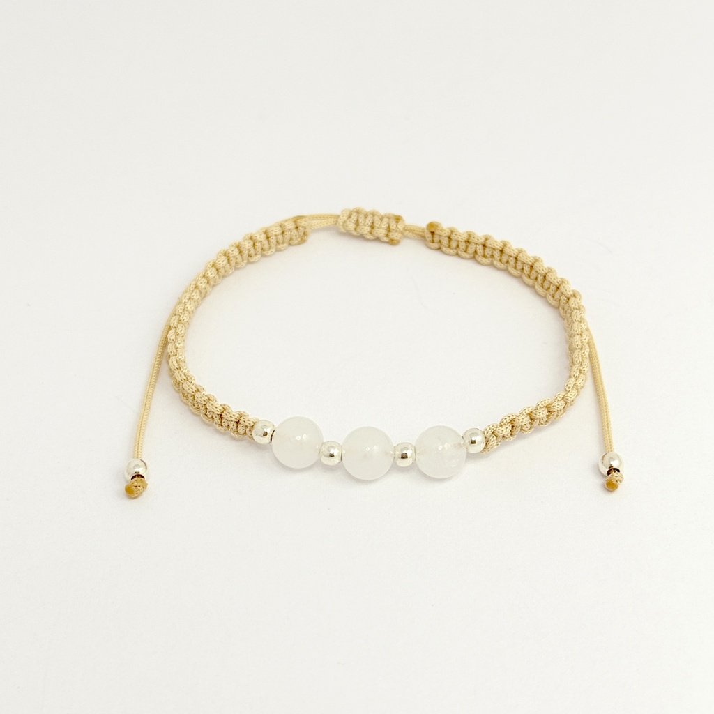 *Pulsera en Plata ley 925 Cordón Ajustable Beige Balines de Plata Bola Ágata Hielo 