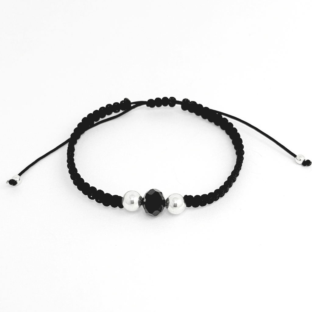Pulsera en plata ley 925 cordón ajustable negro balines de plata cristal murano
