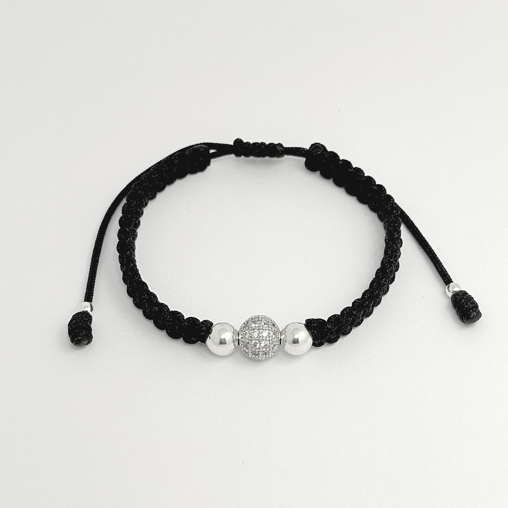 Pulsera en plata ley 925 cordón ajustable balines bola microcirconia cubica rodinado