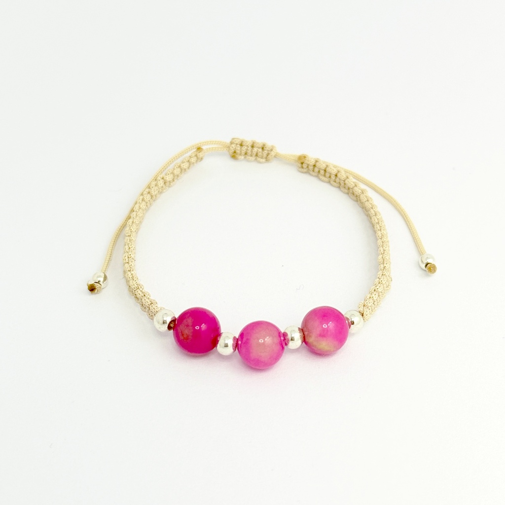*Pulsera en Plata ley 925 Cordón Ajustable Beige Balines de Plata Bola Ágata Magenta