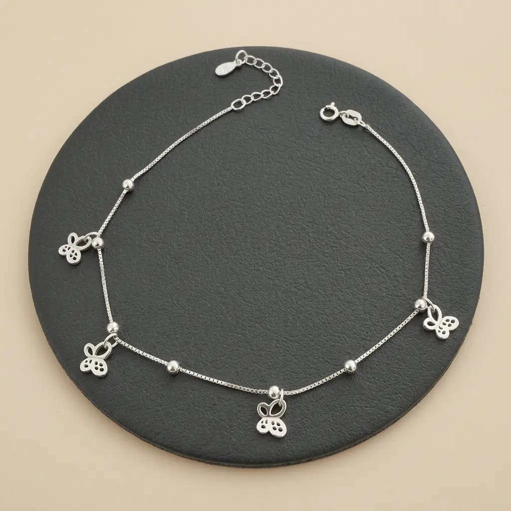 Tobillera en plata ley 925 dijes mariposas / 22 cm + ext. 3.5 cm