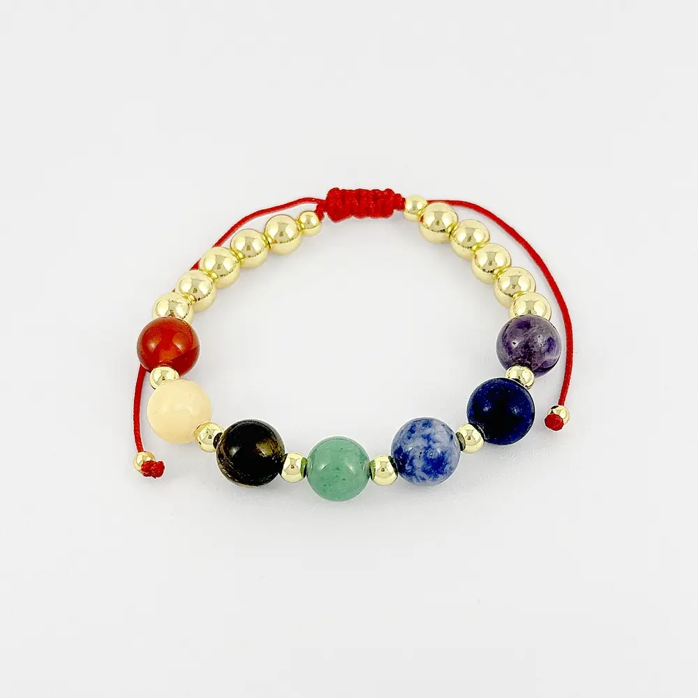 Pulsera en Rodinado Gold Siete Chakras Hilo Rojo