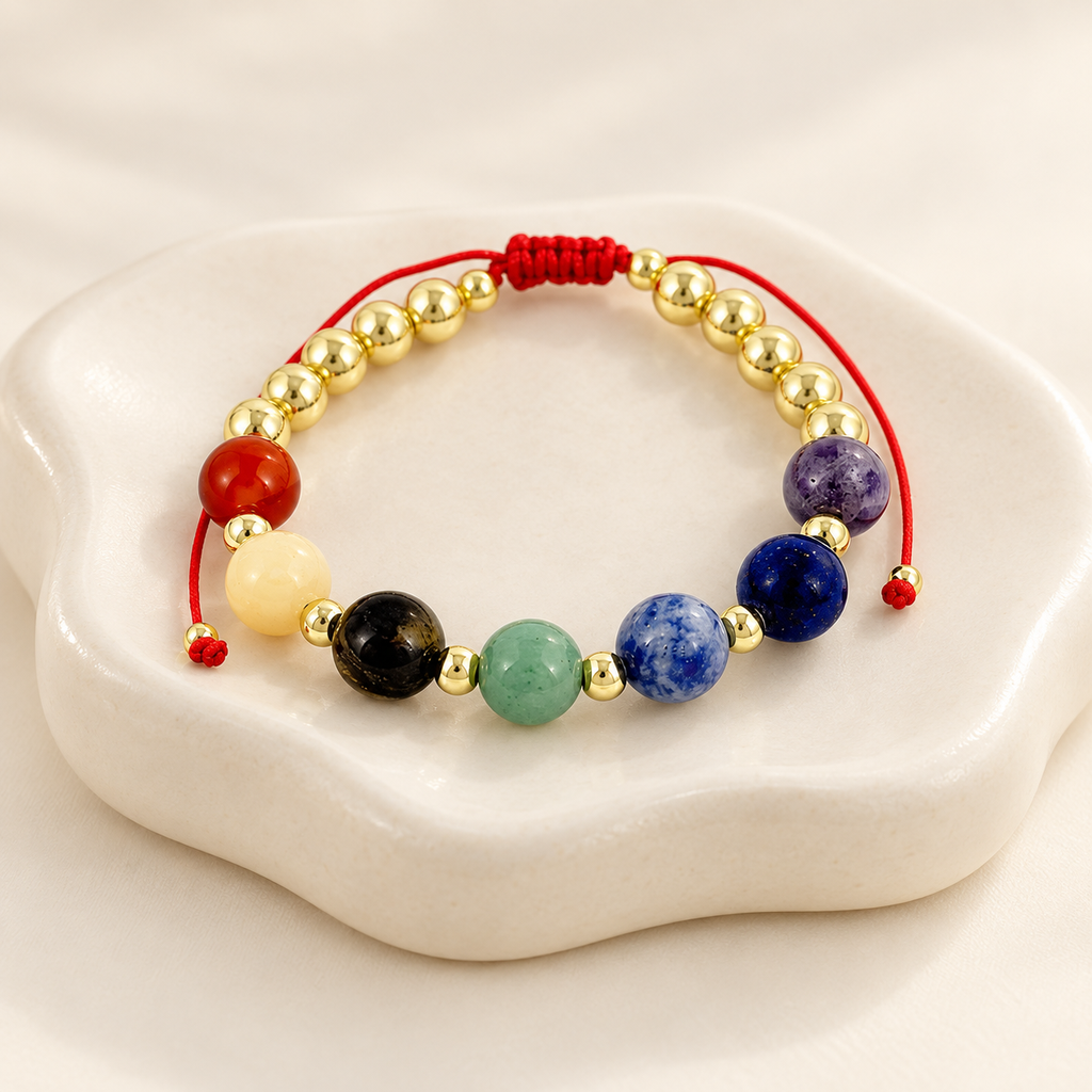 [G-PL-217] Pulsera en rodinado gold siete chakras hilo rojo