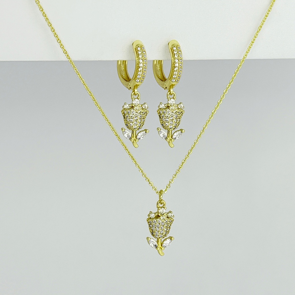 JUEGO EN RODINADO GOLD ARGOLLA MICROCIRCONIA DIJE CRISTALES FLORES