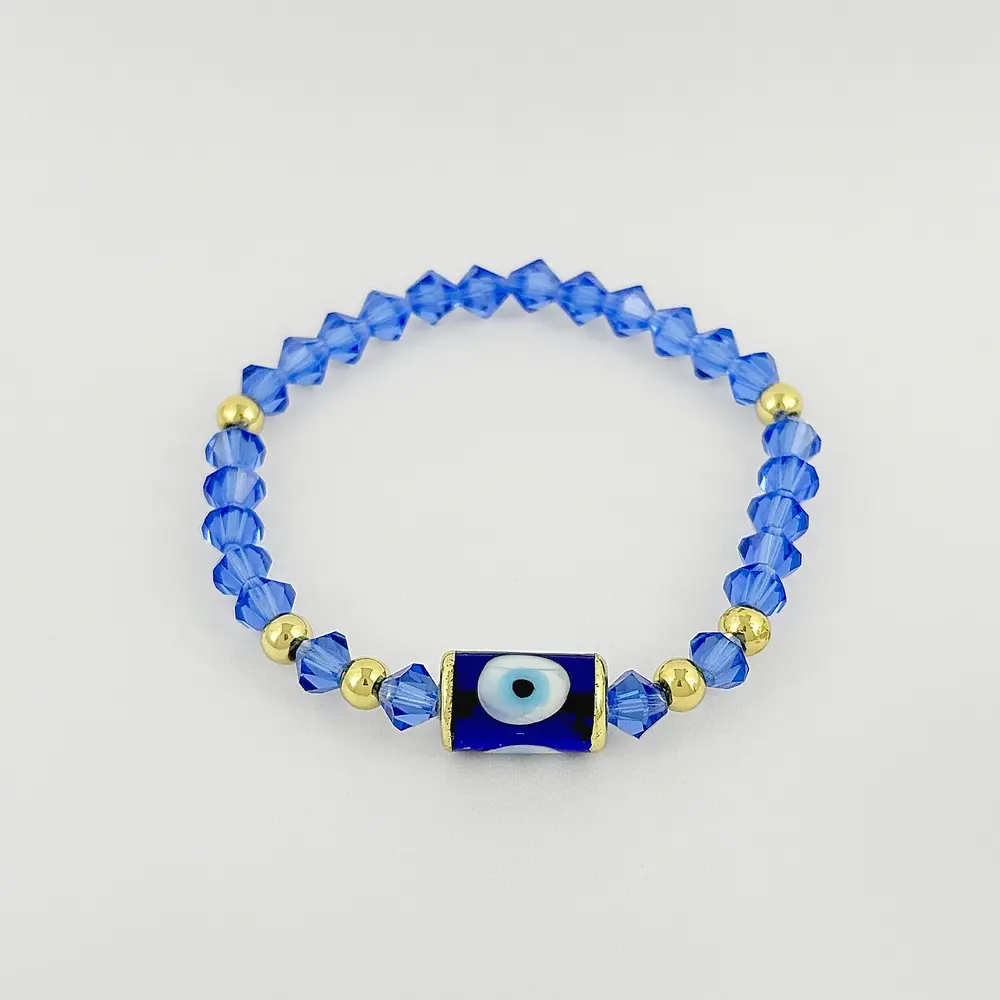 Pulsera en rodinado gold cristal preciosa azul dije cilindrico ojito