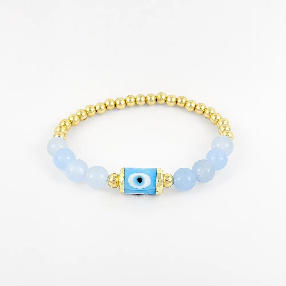Pulsera en rodinado gold piedra ágata celeste dije cilindrico ojito