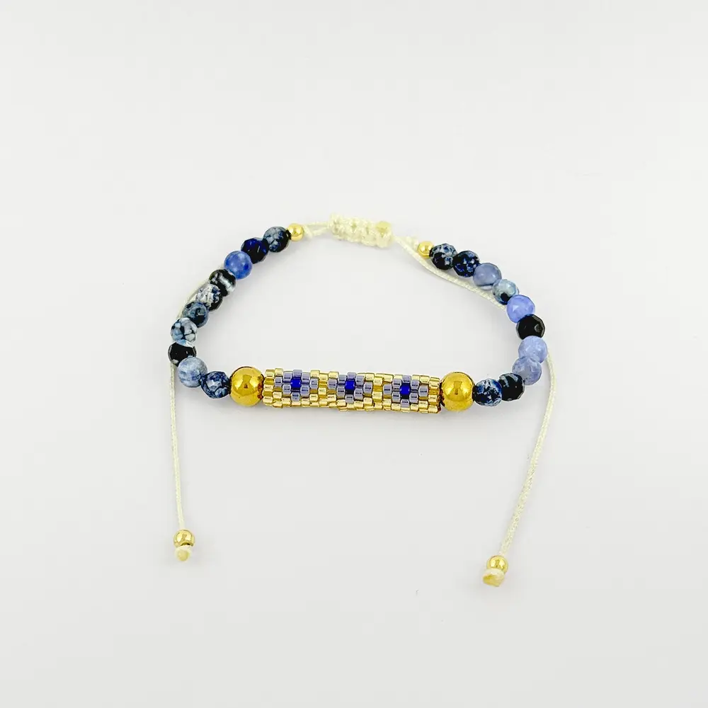 Pulsera en rodinado gold piedra ágata azul marmoleada canutillo miyuki