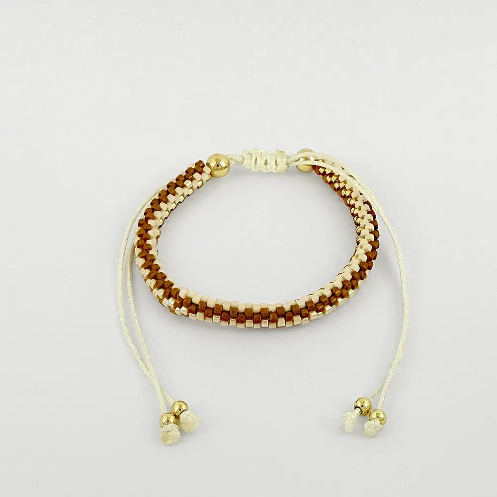 Pulsera en rodinado Gold Tubito tejido en cristal miyuki tonos tierra