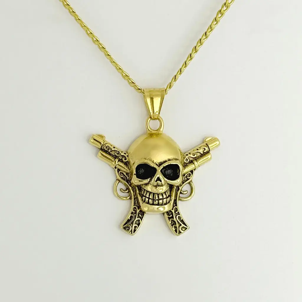 Cadena con dije en acero gold calavera pistolas