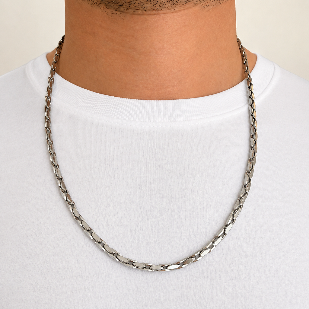 Cadena en acero gold / silver grano de arroz plano - 60 cm