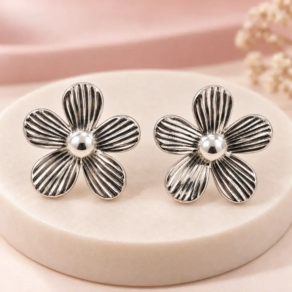 Maxi aretes en acero silver flor