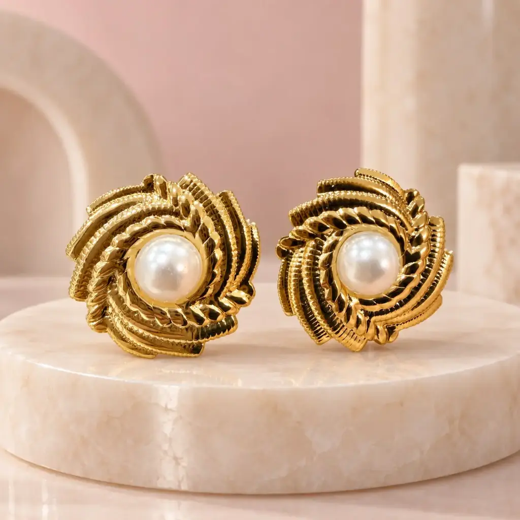 Maxi aretes en acero gold rosal perla