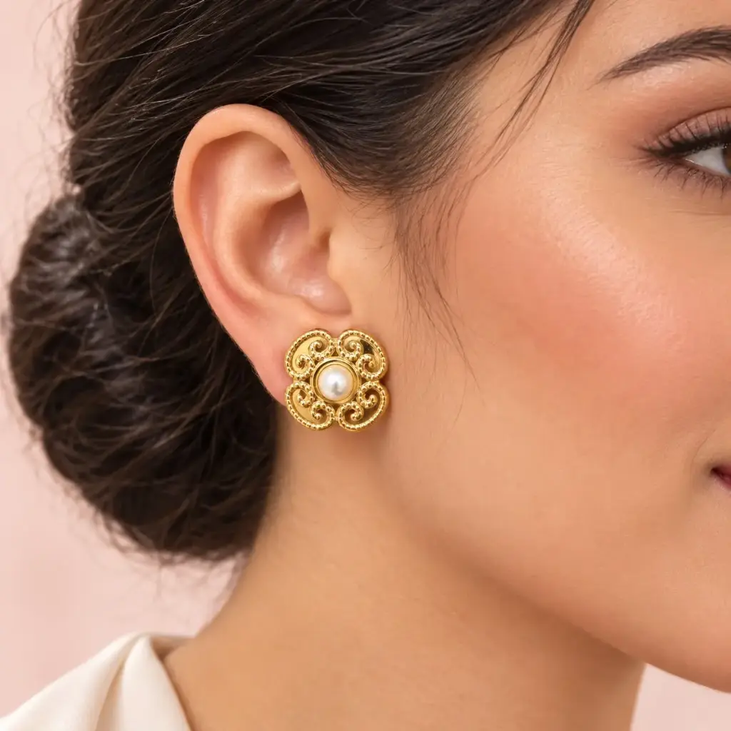 Maxi aretes en acero gold perla flor