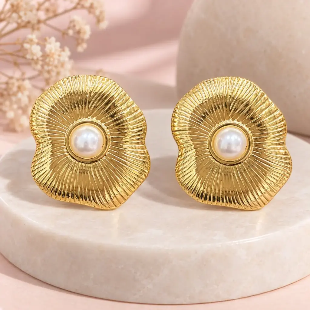 Maxi aretes en acero gold perla pétalo