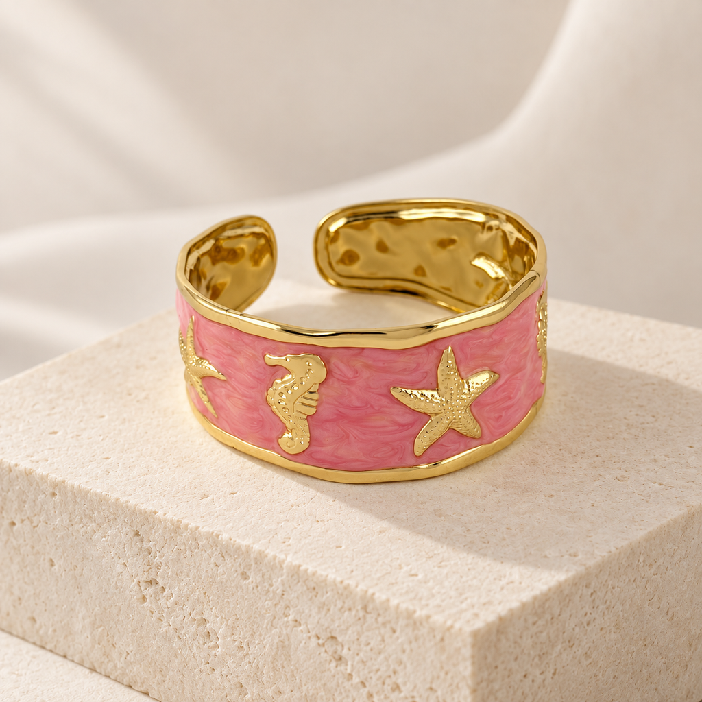 [AC-PL-285] Brazalete en acero gold rigido esmaltado rosa estilo marino